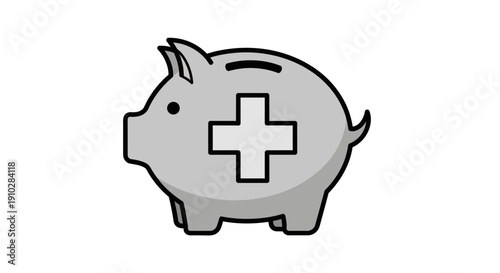 A grey piggy bank with a white medical cross symbol on its side, representing health savings.
