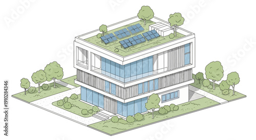 Isometric illustration of a modern sustainable building with a green roof, solar panels, and surrounding trees.