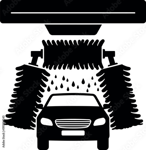 Automatic car wash silhouette with rotating brushes and water spray