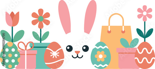 Whimsical Easter Spring Illustrations  Bunny, Floral Elements, and Festive Eggs