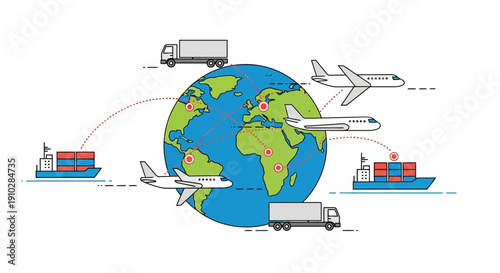 Global logistics network with airplanes, cargo ships, and trucks transporting goods worldwide.