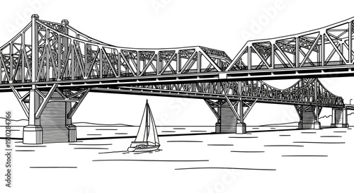 Black and white line drawing of a large metal truss bridge spanning a body of water with a sailboat passing beneath it.