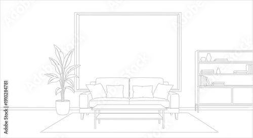 A detailed line art illustration of a modern living room interior with a sofa, coffee table, plant, and bookshelf.