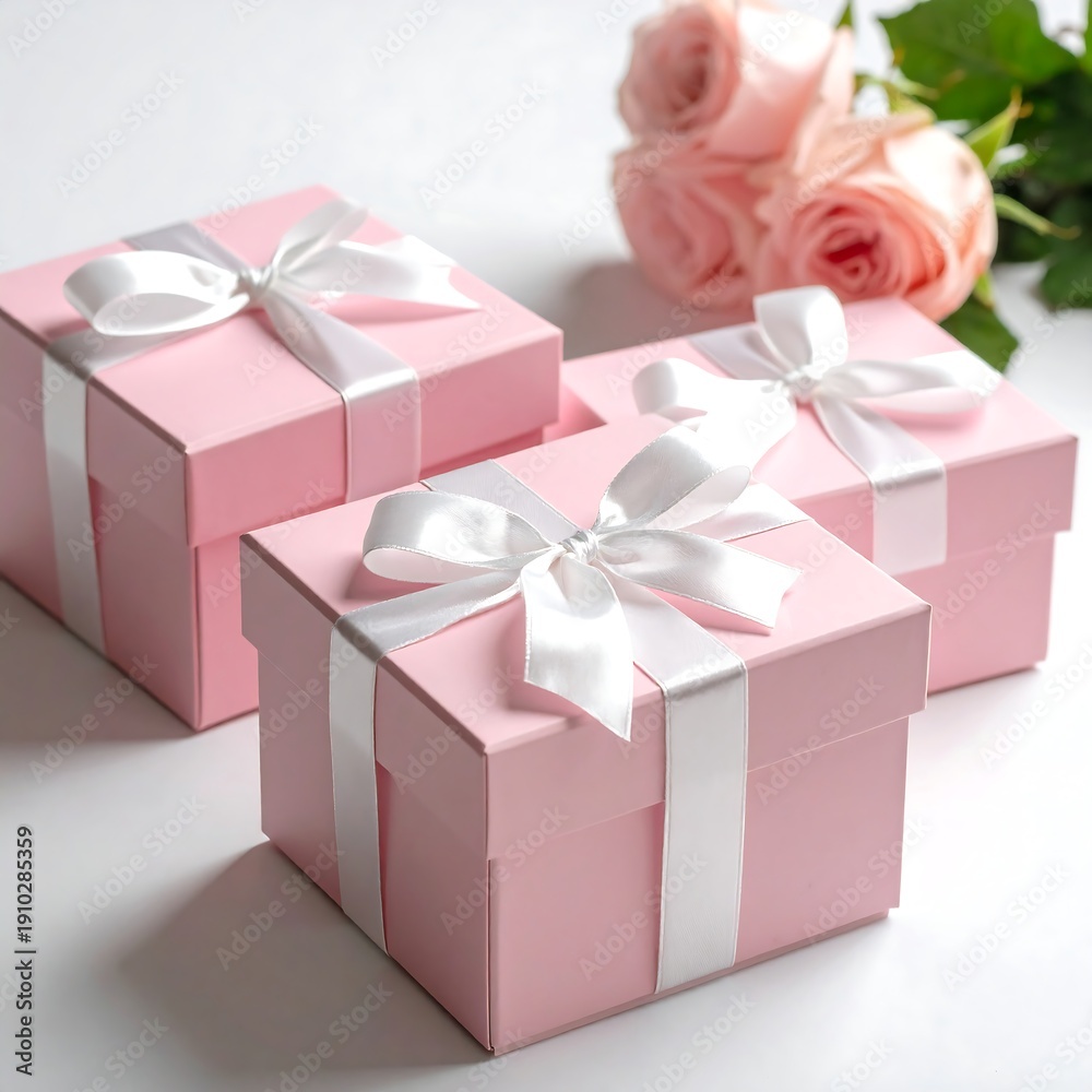 Obraz premium Three pink gift boxes with white ribbons and bows