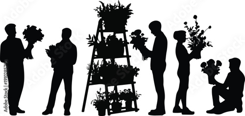 Gardening Gesture Silhouette Line Icons  Planting, Watering, and Care Poses