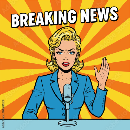 Retro Pop Art Woman Reporter Delivering Breaking News on Mic