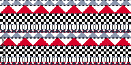 Seamless Grey Red and Checkerboard Folk Geometric Pixel Art Pattern