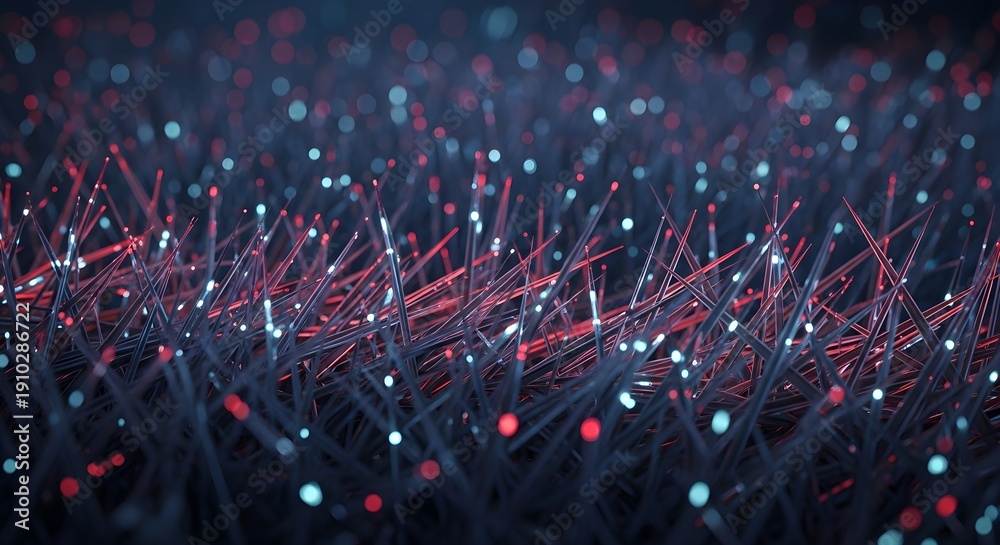 Fototapeta premium Abstract digital network background with glowing blue and red particles on dark wires, data flow, technology concept, 3D render