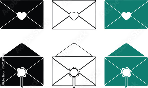 Collection of envelope with heart and seal in black white and teal , envelope letter, mail, communication,