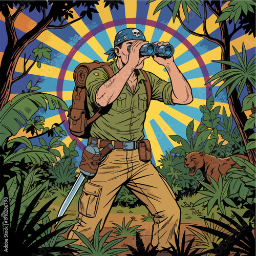 Adventurer man using binoculars in jungle exploration illustration