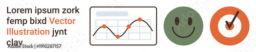 Business success, analytics, positive feedback, performance tracking, achievements, work satisfaction. Line graph, happy face orange checkmark icon. Business success and analytics