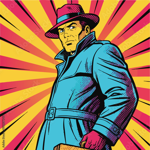 Vibrant Pop Art Illustration of Mysterious Detective Agent