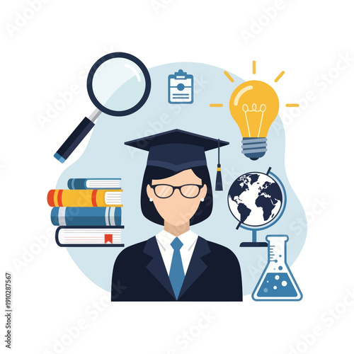 Female graduate with education and knowledge symbols in flat design