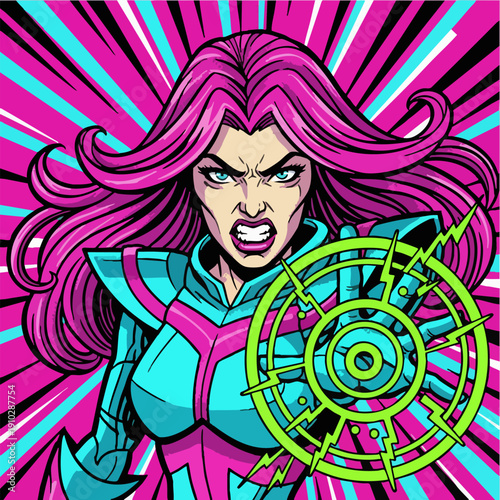 Fierce Comic Superhero Woman with Electric Shield Pop Art Style
