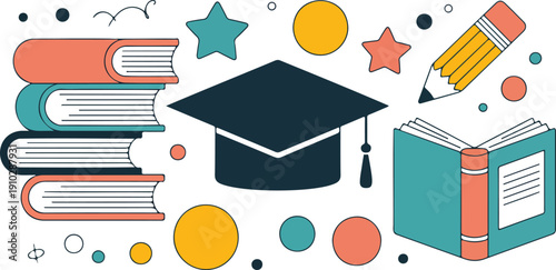 Education and Learning Illustration Set  School Supplies, Knowledge Symbols, and Creativity Tools