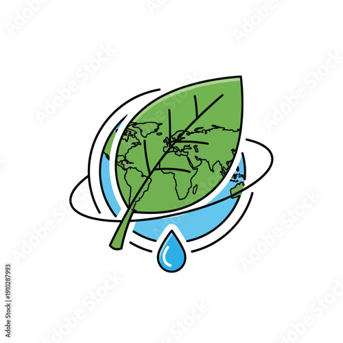 Green leaf on globe with water drop icon