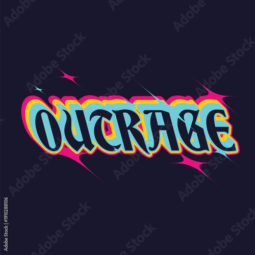 Italic Gothic Style Typography of 'Outrage' in Burning Chromic Color with Shifted Glitters in Dark Blue Background