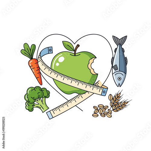 Healthy food group with measuring tape and heart outline