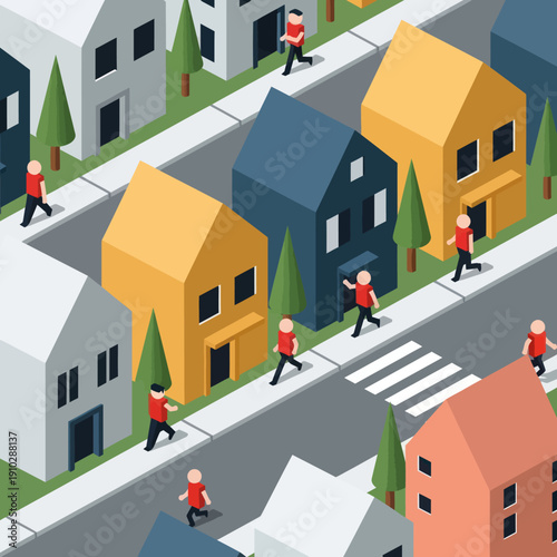 Isometric Houses and People Walking Around.