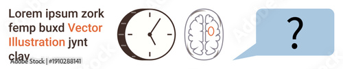 Time management, cognitive abilities, critical thinking, problem-solving, productivity, and neuroscience. A clock, a brain illustration and a question mark in a speech bubble. Time management