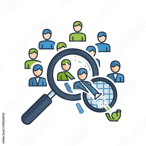 Magnifying glass searching and selecting people from a group