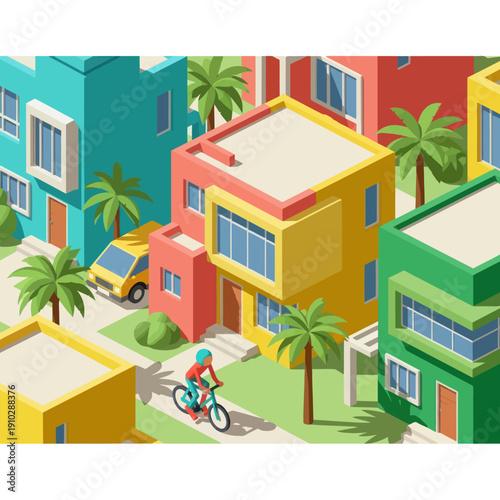 Colorful Buildings with Cyclist and Palm Trees.
