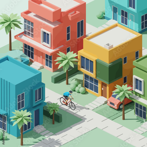 Colorful Buildings with Palm Trees and Cyclist.