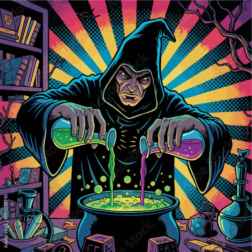 Dark wizard mixing chemicals in laboratory retro pixel illustration.