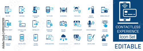 Contactless Experience and Cashless Payment solid icon set. Includes symbols for NFC Pay, QR Scan, Biometric Access, and Smart Check-in. Solid vector icons for digital banking.