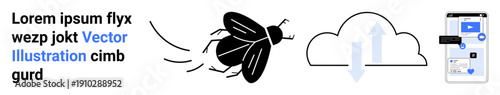 Digital communication, data storage, app development, cloud technology, connectivity, project management. Black fly icon, cloud with arrows and mobile app screen. Data storage and app development