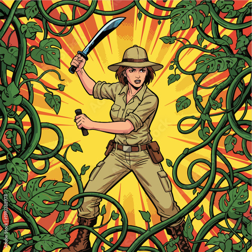 Brave Female Explorer Cutting Through Jungle Vines Comic Book Style