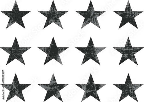 Grunge star pattern icon set, vintage distressed shape silhouette, patriotic award decoration vector fashion