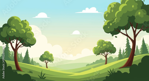 cartoon summer landscape with bright green nature clear sky warm sunlight simple shapes calm mood wide view