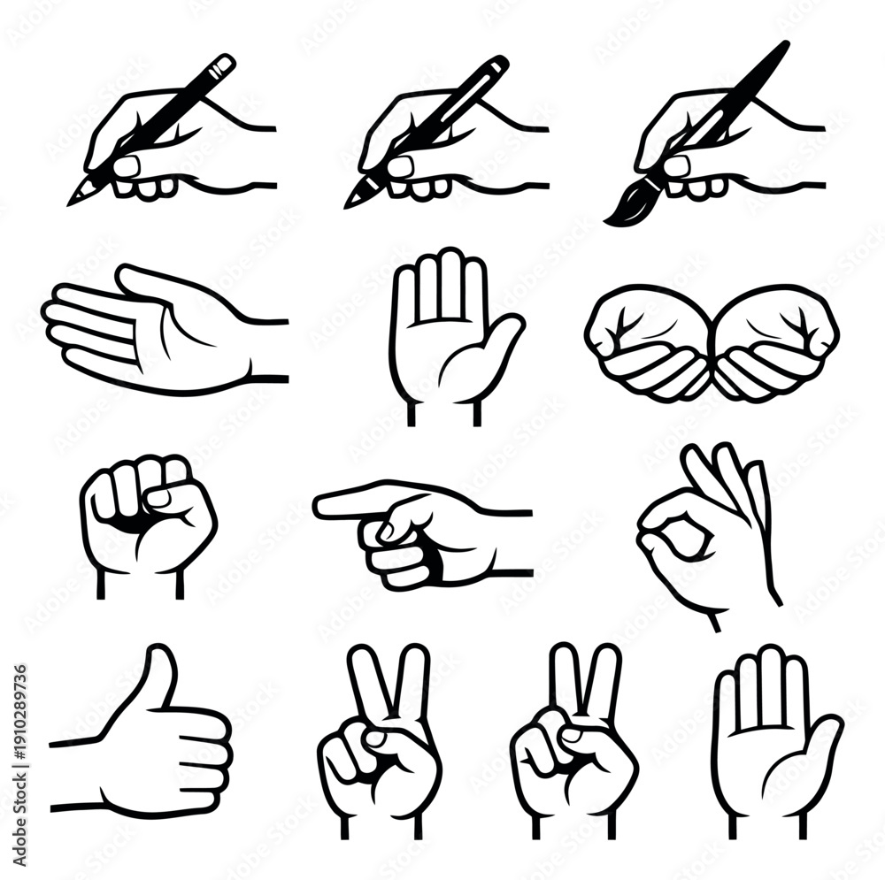 Fototapeta premium Hand drawn line art hands set featuring various gestures, tools, and poses for communication
