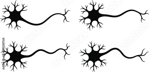 2026 Set of 4 Flat Black Silhouette Neuron Cell Vector Icons Featuring Detailed Branching Dendrites and Long Axons Isolated on White Background