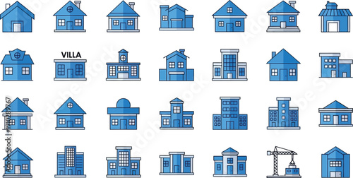 Architectural Blueprint: A comprehensive array of diverse, modern building facades meticulously illustrated in a unified blue hue, showcasing a spectrum of architectural styles.