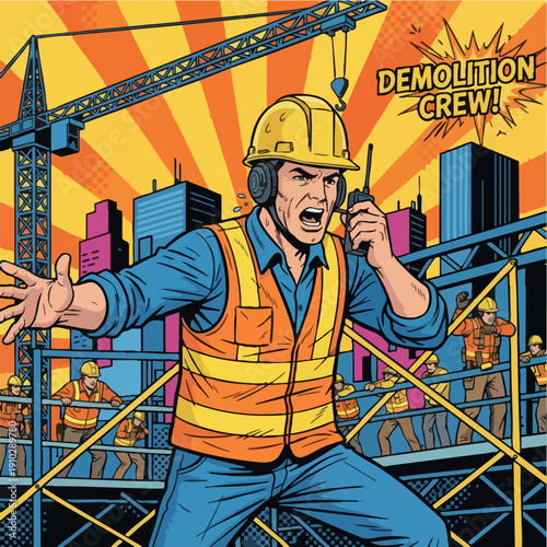Demolition Crew Foreman Yelling Instructions Pop Art Illustration