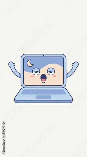 Cute laptop character yawning with half-closed eyes, minimal facial design, soft blue tones, flat vector illustration, isolated