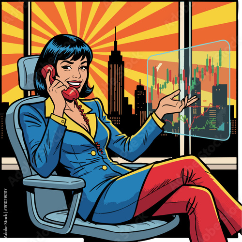 Retro Pop Art Successful Broker Woman Talking on Phone and Trading