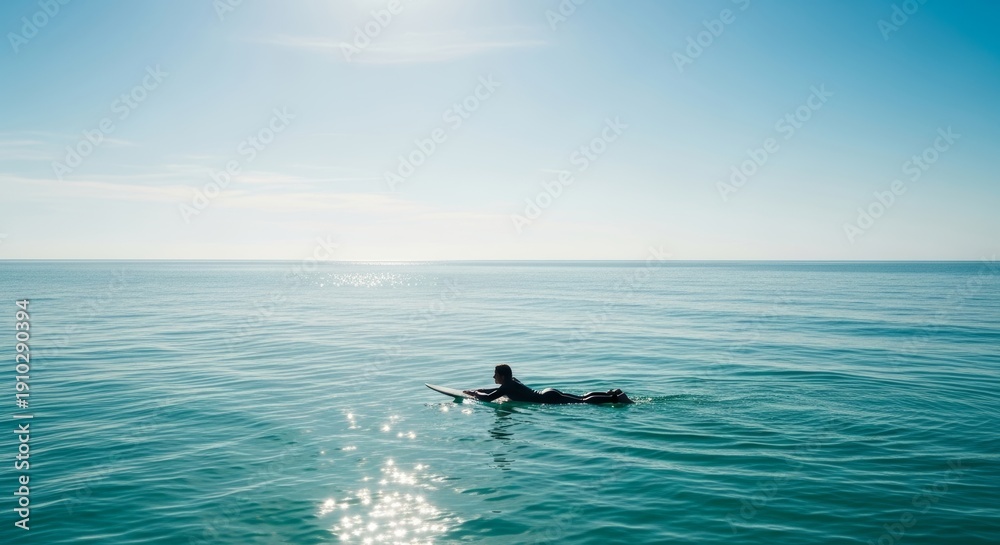Fototapeta premium Silhouette of a Surfer Heading Out to Sea under Bright Sky