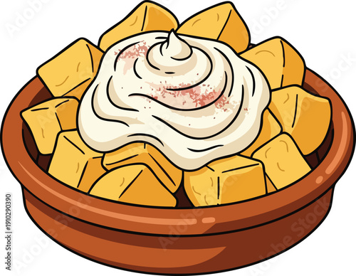 Delicious Patatas Bravas with Creamy Aioli Sauce in a Rustic Bowl.