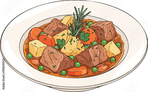 Hearty Beef Stew with Vegetables and Herbs on a White Plate.