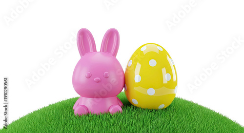 Pink Easter Bunny and Yellow Polka Dot Egg on Green Grass