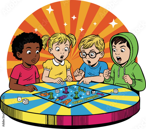 Diverse group of children playing an exciting tabletop game