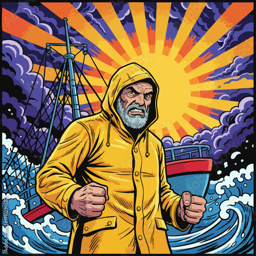 Angry Fisherman in Yellow Raincoat Facing Rough Sea Storm