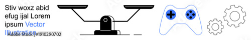 Equality, gaming technology, engineering processes, productivity tools, teamwork, innovation. A balance scale, a gaming controller and interconnected gears. Equality and gaming technology emphasis