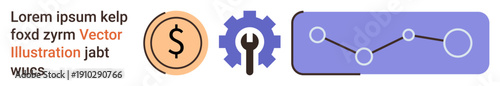 Finance, business insights, maintenance tools, data analysis, economic growth, strategy planning. A dollar sign, gear icon and graph finance and performance. Finance and data analysis concept