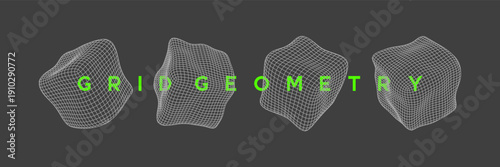 Set of distorted wireframe cube shapes with organic, fluid mesh design. Mathematical mesh shapes for futuristic tech design, science and digital projects.
