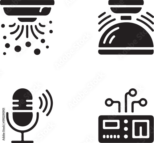 Four black minimalist of a sprinkler, speaker, lamp, and electronic device