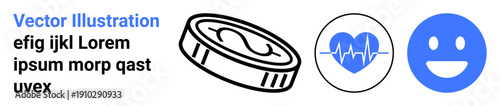 Finance, healthcare, wellness, savings, medical technology, happiness. Coin, heart with an EKG line happy face. Health and finance concepts with modern visual ion